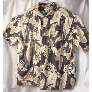 XXL Hawaiian Panama Jack Black Beige Reverse Print Shirt Leaves Floral Aloha EUC